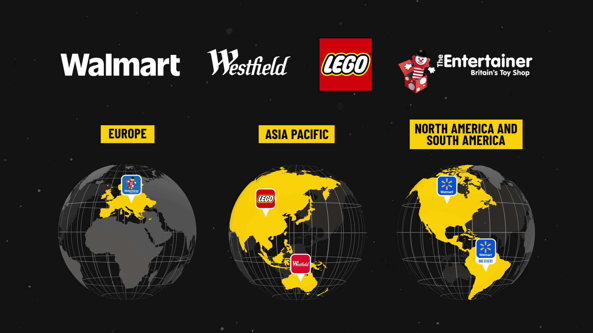 Map showing campaign globally across four major markets, LatAm, North America, Asia Pacific, and Europe, with retail partners including Walmart, Westfield, LEGO, The Entertainer, and more.